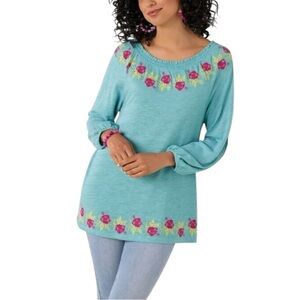 Soft Surroundings Blouse Womens XL 3/4 Sleeve Shirt Smocked Green Top Cruise